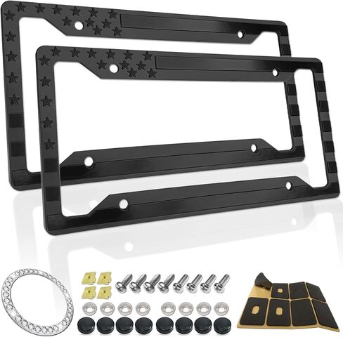 American Flag License Plate Frames- Black Plastic Patriotic Car Tag Holder with Mounting Hardware & Screws Caps，2 Pack 4 Holes for Front Rear in Saudi Arabia