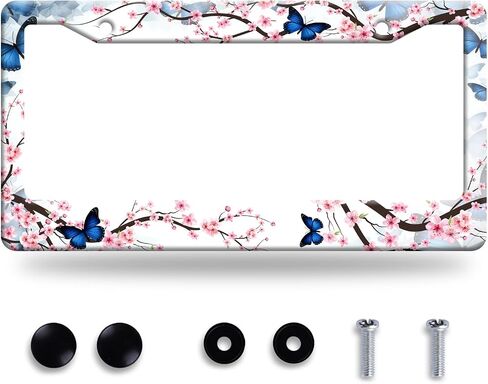 Cherry Blossom Butterfly License Plate Frame Funny Flowers License Plate Frames Stainless Steel Accessories Cars Decor with 2 Holes and Screws Fits Standard Us Ca Vehicles Size 12.2 X 6 Inches in Saudi Arabia