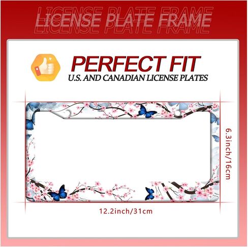 Cherry Blossom Butterfly License Plate Frame Funny Flowers License Plate Frames Stainless Steel Accessories Cars Decor with 2 Holes and Screws Fits Standard Us Ca Vehicles Size 12.2 X 6 Inches in Saudi Arabia