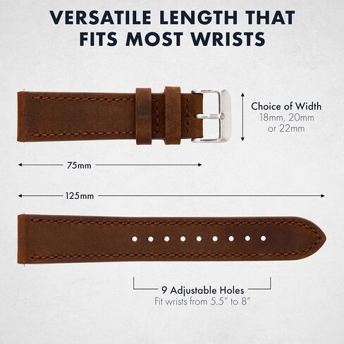 Benchmark Leather Watch Band - Crazy Horse Leather Watch Straps for Men & Women - Stainless-Steel Buckle & Quick Release Spring Bars - Choice of Color - 18mm, 20mm, or 22mm Widths in Kuwait