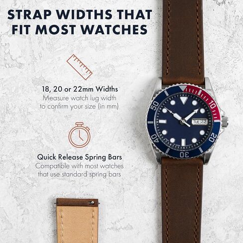 Benchmark Leather Watch Band - Crazy Horse Leather Watch Straps for Men & Women - Stainless-Steel Buckle & Quick Release Spring Bars - Choice of Color - 18mm, 20mm, or 22mm Widths in Kuwait