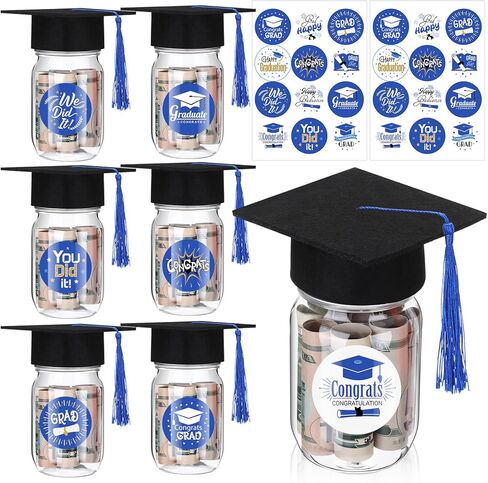Paderke 6 Set Gifts 2025 - DIY Personalized Name Graduation Mason Jar - مع 8.5 أوقية من الجرار البلاستيكية ، و Cap Grad Cap والملصقات - لوازم زخرفة الحفلات في المدرسة الثانوية (الذهب) in Kuwait