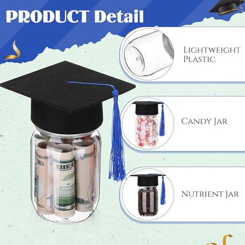 Paderke 6 Set Gifts 2025 - DIY Personalized Name Graduation Mason Jar - مع 8.5 أوقية من الجرار البلاستيكية ، و Cap Grad Cap والملصقات - لوازم زخرفة الحفلات في المدرسة الثانوية (الذهب) in Kuwait