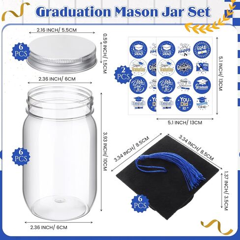 Paderke 6 Set Gifts 2025 - DIY Personalized Name Graduation Mason Jar - مع 8.5 أوقية من الجرار البلاستيكية ، و Cap Grad Cap والملصقات - لوازم زخرفة الحفلات في المدرسة الثانوية (الذهب) in Kuwait
