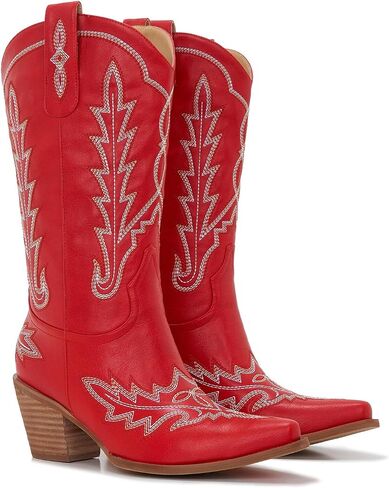 Cowboy Boots For Women - Western Mid-Calf Cowgirl Boots - Snip Toe - 3" Wood Grain Chunky Heel Embroidered Boots in Saudi Arabia
