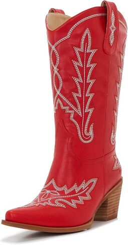 Cowboy Boots For Women - Western Mid-Calf Cowgirl Boots - Snip Toe - 3" Wood Grain Chunky Heel Embroidered Boots in Saudi Arabia