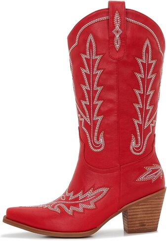 Cowboy Boots For Women - Western Mid-Calf Cowgirl Boots - Snip Toe - 3" Wood Grain Chunky Heel Embroidered Boots in Saudi Arabia