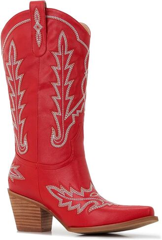 Cowboy Boots For Women - Western Mid-Calf Cowgirl Boots - Snip Toe - 3" Wood Grain Chunky Heel Embroidered Boots in Saudi Arabia