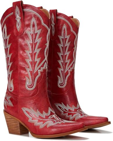 Cowboy Boots For Women - Western Mid-Calf Cowgirl Boots - Snip Toe - 3" Wood Grain Chunky Heel Embroidered Boots in Saudi Arabia