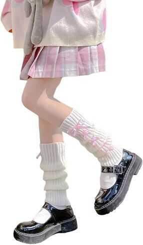 Lolita Knit Leg Warmers Ribbon Bow Knot Japanese Cable Knit Footless Boot Socks Kawaii Leg Sleeves in Saudi Arabia