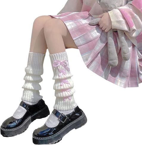 Lolita Knit Leg Warmers Ribbon Bow Knot Japanese Cable Knit Footless Boot Socks Kawaii Leg Sleeves in Saudi Arabia