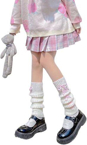 Lolita Knit Leg Warmers Ribbon Bow Knot Japanese Cable Knit Footless Boot Socks Kawaii Leg Sleeves in Saudi Arabia