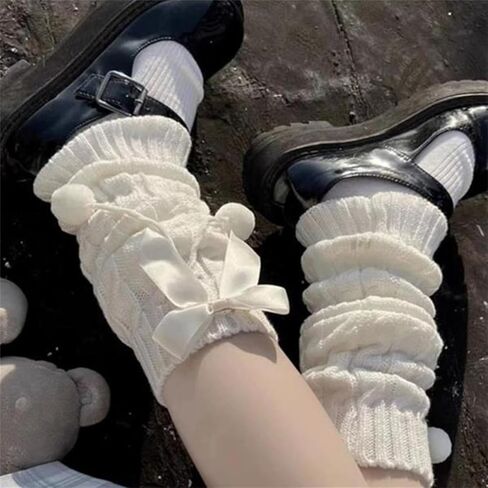 Lolita Knit Leg Warmers Ribbon Bow Knot Japanese Cable Knit Footless Boot Socks Kawaii Leg Sleeves in Saudi Arabia