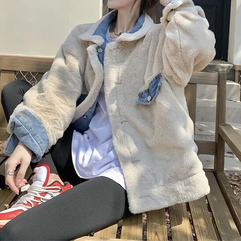 chouyatou Women's Reversible Warm Sherpa Notched Collar Jean Jacket Faux Fur Denim Coat Trucker Jacket in Kuwait