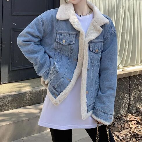 chouyatou Women's Reversible Warm Sherpa Notched Collar Jean Jacket Faux Fur Denim Coat Trucker Jacket in Kuwait