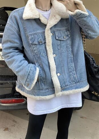 chouyatou Women's Reversible Warm Sherpa Notched Collar Jean Jacket Faux Fur Denim Coat Trucker Jacket in Kuwait