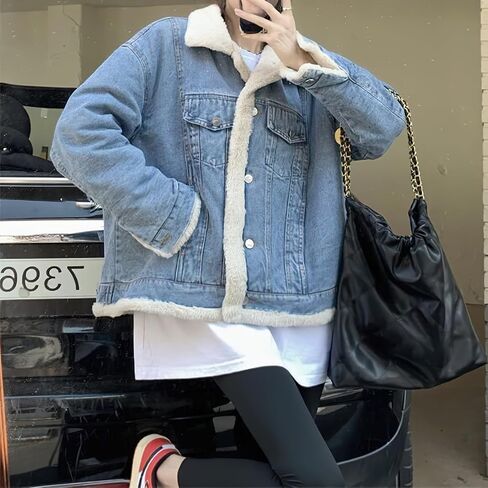 chouyatou Women's Reversible Warm Sherpa Notched Collar Jean Jacket Faux Fur Denim Coat Trucker Jacket in Kuwait