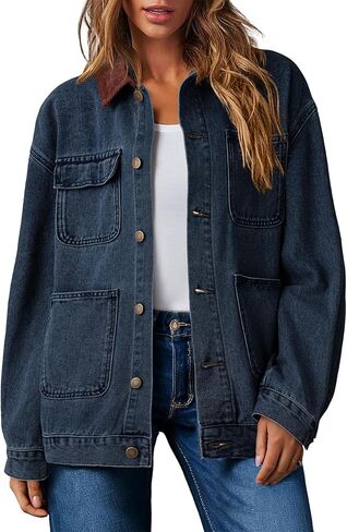 Dokotoo Women's Denim Jacket Oversized Contrast Collar Jean Jackets 2025 Spring Outfits Vintage Long Sleeve Shirts in Saudi Arabia