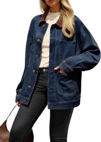 Dokotoo Women's Denim Jacket Oversized Contrast Collar Jean Jackets 2025 Spring Outfits Vintage Long Sleeve Shirts in Saudi Arabia