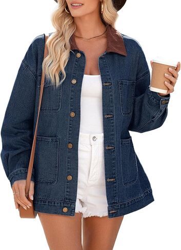 Dokotoo Women's Denim Jacket Oversized Contrast Collar Jean Jackets 2025 Spring Outfits Vintage Long Sleeve Shirts in Saudi Arabia