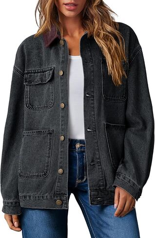 Dokotoo Women's Denim Jacket Oversized Contrast Collar Jean Jackets 2025 Spring Outfits Vintage Long Sleeve Shirts in Saudi Arabia