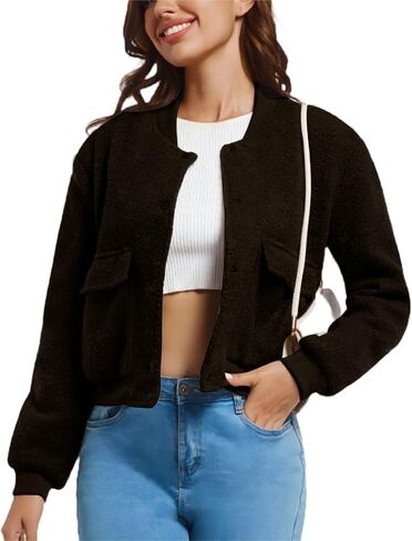 YSW Womens Cropped Bomber Jacket Baseball Varsity Jacket Casual Jackets with Pockets Button Down Chaquetas de Mujer in Saudi Arabia