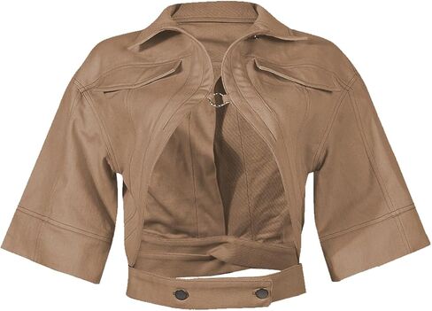 Casual Women Cropped Jacket Summer Cutout Short Sleeve White Jean Crop Jackets Y2K in Saudi Arabia