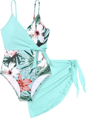 Girls Swimsuit One Piece Bathing Suit Tropical Floral with Adjustable Straps Girls'Swimwear with Cover Up 9-16T in Saudi Arabia
