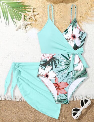 Girls Swimsuit One Piece Bathing Suit Tropical Floral with Adjustable Straps Girls'Swimwear with Cover Up 9-16T in Saudi Arabia