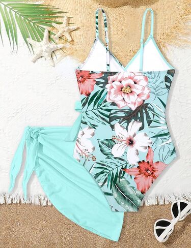 Girls Swimsuit One Piece Bathing Suit Tropical Floral with Adjustable Straps Girls'Swimwear with Cover Up 9-16T in Saudi Arabia