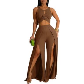 Ekaliy Women's 2 Piece Outfit Sexy Crop Tank Top and High Split Wide Leg Pants Sets Elegant Vacation Jumpsuits Going Out Suit