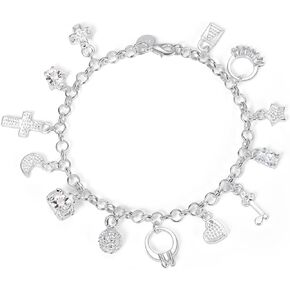 S925 Silver Thirteen Hanging Pieces Charm Bracelet for Women,Star, Key, Heart, Cross, Moon, and Cubic Zircon Lock Pendant,Dazzling Charms for Every Occasion