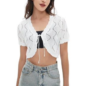 Shrugs for Women Dresses – Tie Front Short Sleeve Bolero Shrug Tops, Lightweight Cropped Knit Sweater Cardigan