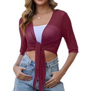 Womens 3/4 Sleeve Shrug Sheer Mesh Cardigans Tie Front Cropped Lightweight Bolero Shawl Top for Casual Going Out