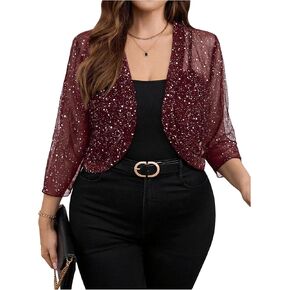 GORGLITTER Women's Plus Size Sheer Shrug Glitter 3/4 Sleeve Party Cropped Mesh Cardigan