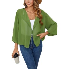 olrain Women Summer Tops 3/4 Chiffon Kimono Cardigans Short Shrugs Cusual Loose Open Front Bolero Cape Cover Up in Kuwait