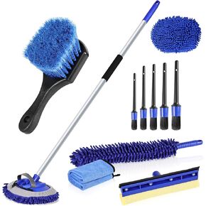 anngrowy 62" Car Wash Brush Mop Kit with Long Handle Car Wheel Brush Detailing Brush Microfiber Duster Windshield Window Squeegee Dry Towels, Car Washing Cleaning Kit for Cars RV Truck