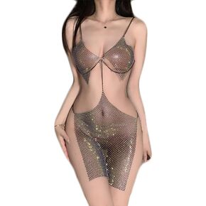 Sexy Lingerie for Women Mesh Rhinestones Bodysuit Mesh Lingerie Chain Babydoll Party Club Night Dress