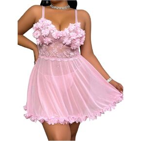 SHENHE Women's Plus Size 2 Piece 3d Floral Lace Babydoll Lingerie Sheer Mini Chemise with Thong