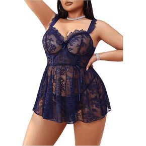 SOLY HUX Women's Plus Size Lace Sheer Underwire Babydoll Lingerie Dress Chemise Sleepwear with Thong