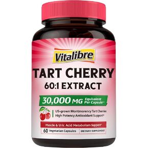 Tart Cherry Capsules, 500 mg Extract, Concentrated 60:1 Extract, 30000 mg Strength, Montmorency Tart Cherries, Uric Acid Balance, Muscle, Sleep Support, Non-GMO, 60 Vegan Capsules