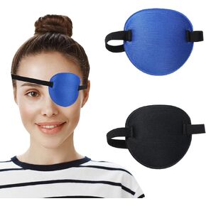 Eyepatch, 2PCS Eye Patches for Adults and Kids, Adjustable 3D Soft Lazy Piratel Eye Patch for Left or Right Eyes, Reusable Medical One Eye Mask Cover for Cosplay Pirate Costume(Black, Blue)