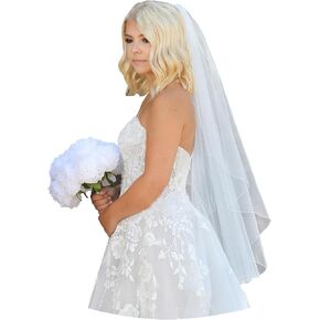 EllieWely Pencil Edge Fingertip Length Wedding Bridal Veil With Metal Comb