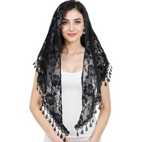 Mantilla Veils Catholic ، Black Chapel Veil ، الحجاب الكاثوليكي للنساء ، حجاب الدانتيل المثلث للكنيسة ، 140 × 48 سم/55.11 × 18.9 في مثلث شال وشاح