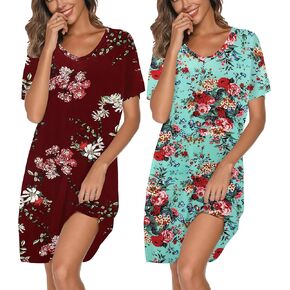 2 Pack Nightgowns for Women Cotton Sleep Shirts Short Sleeve Nightshirts