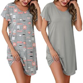 Marvmys 2 Pack Nightgowns for Women Short Sleeve Night Shirts V Neck Sleepwear Night Gown Loungewear S-3XL