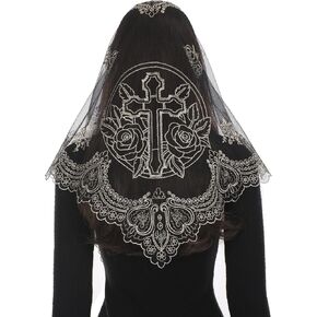 Bozidol Chapel Veil Catholic Mass, Cross Rose Mantilla Triangular Veils, Embroidery Lace Religious Church Head Covering