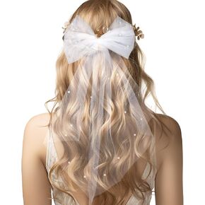 Bridal Veil Hair Clip, Wedding Bow-Knot Veil Bridal Hair Accessories Bridal Veil Bachelorette Party Veil White Pearl Wedding Veil Bow Veil Pearl Veil Veils for Women Wedding for Women and Girls