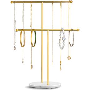 pickpiff Necklace Holder Stand: 2 Tier Jewelry Organizer with Marble Base, Gold Jewelry Tree Display for Bracelets, Rings, Earrings
