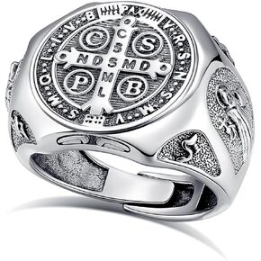 Eudora S925 Sterling Silver St Benedict Ring San Benito Rings for Women Men ، Vintage Saint Benedict Ambulet Ring القابلة للتعديل هدايا المجوهرات الكاثوليكية المسيحية للنساء الأب الأب الأب